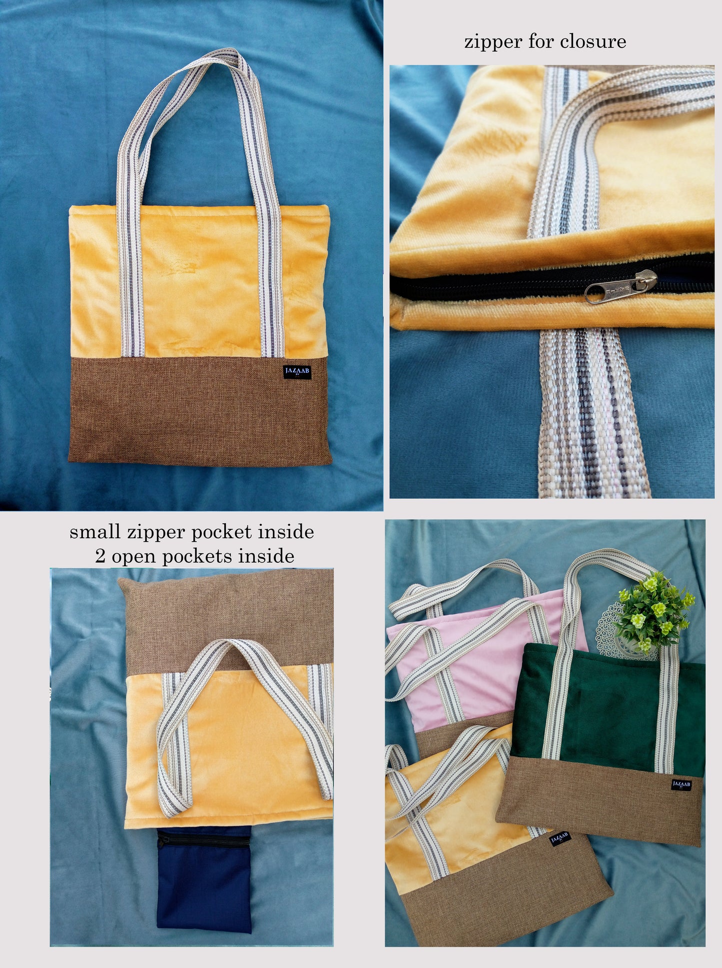 Zipper Velvet tote with features