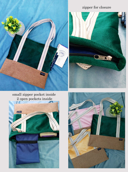 Zipper Velvet tote with features